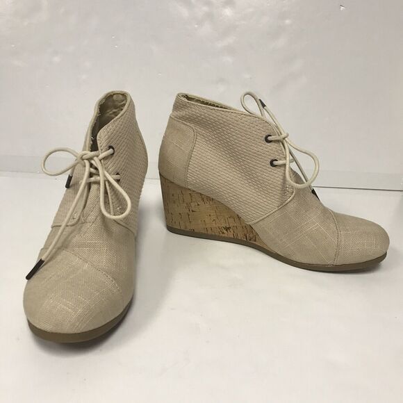 TOMS Ankle Booties Womens 10 Canvas Burlap Woven Cork Wedge Lace Up Heel - Picture 1 of 9